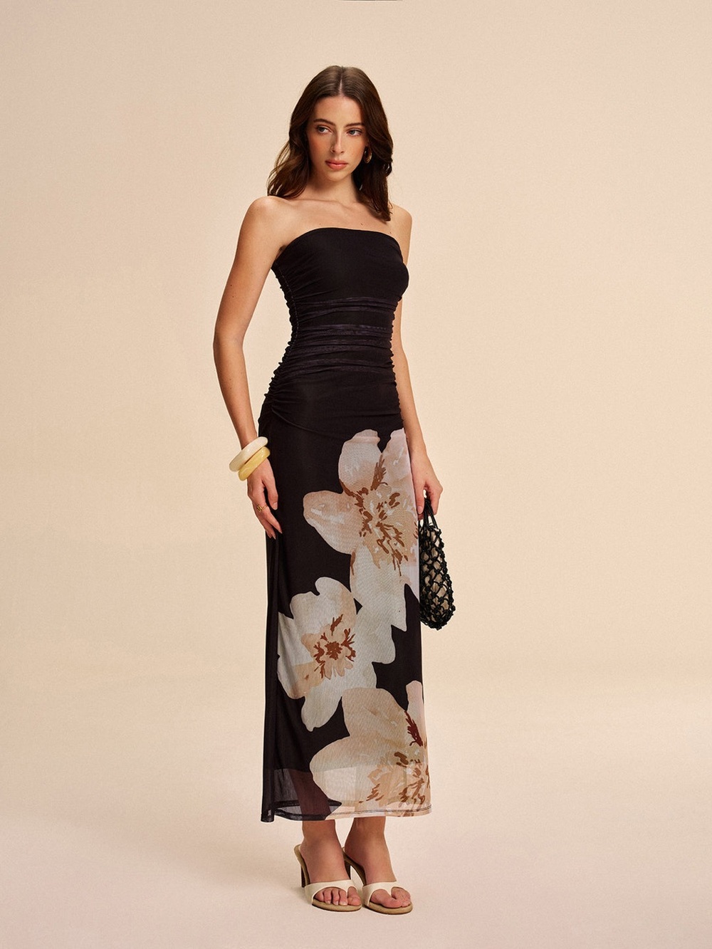 Commense Semi-Sheer Strapless Ruched Floral Mesh Maxi Dress XS NWT